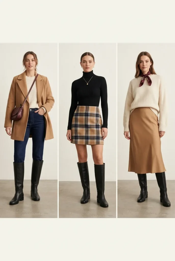 One pair of black knee-high boots styled three ways with jeans, a mini skirt, and a midi skirt.