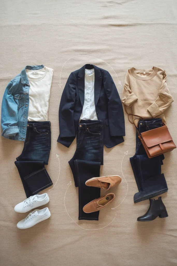 One pair of jeans styled three ways in a year round capsule wardrobe outfit formula flat lay