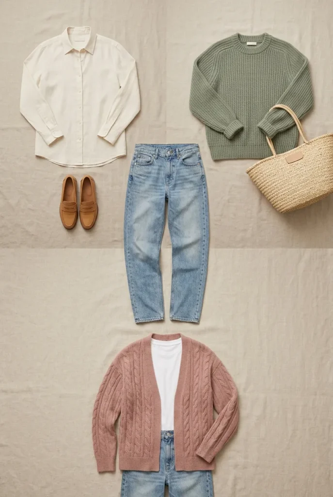 One pair of light-wash jeans styled three ways with cream, sage, and dusty rose spring pieces.