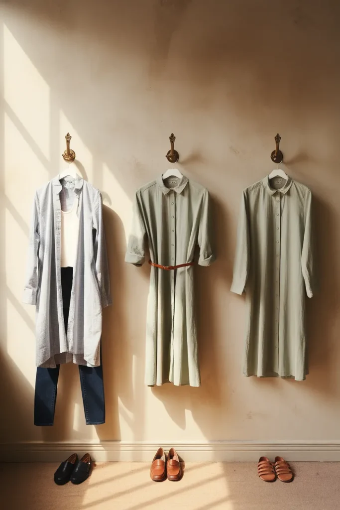 One shirtdress styled three ways on hooks, outfit formulas from a vintage capsule wardrobe