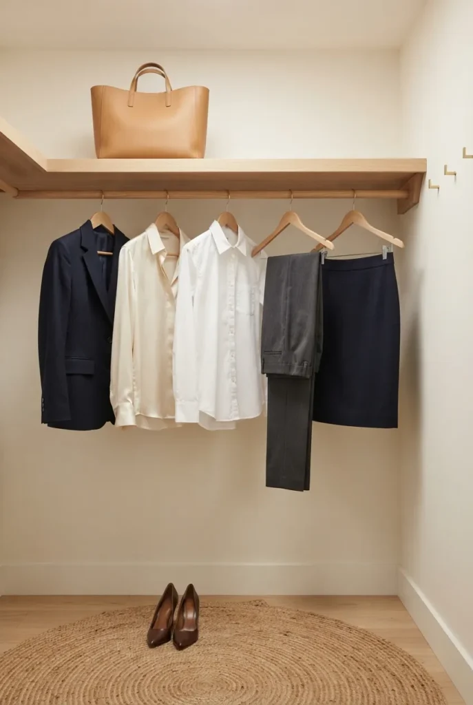 Organized capsule closet showing 15 business professional wardrobe essentials on wooden hangers.