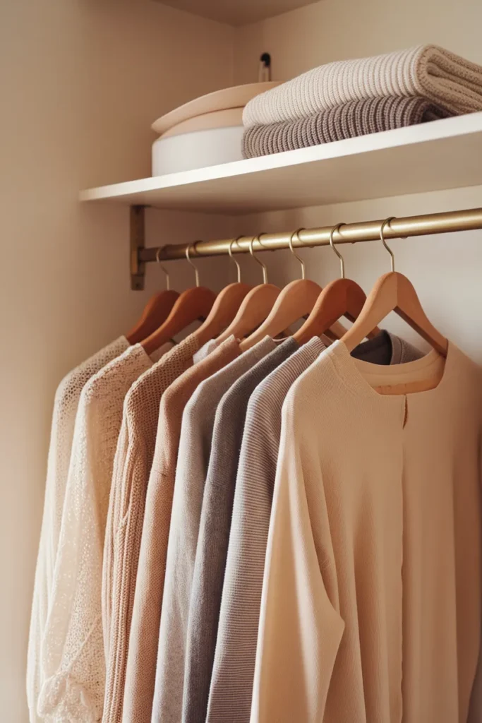 Organized closet of neutral pieces on wooden hangers in soft daylight.
