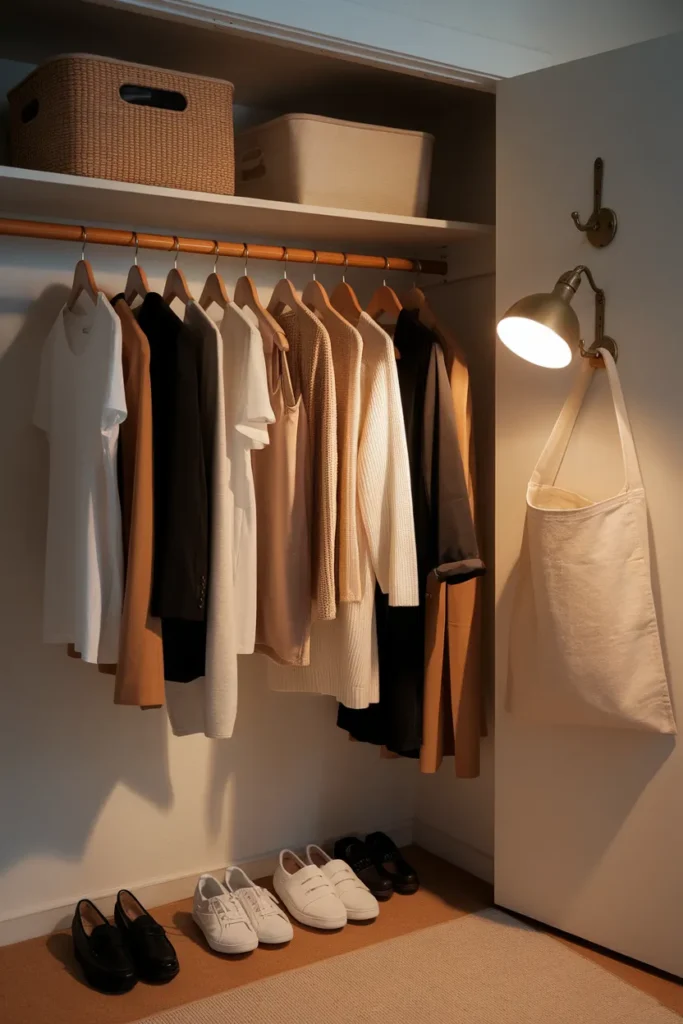 Organized dorm closet with wooden hangers, a storage bin, and a college capsule wardrobe