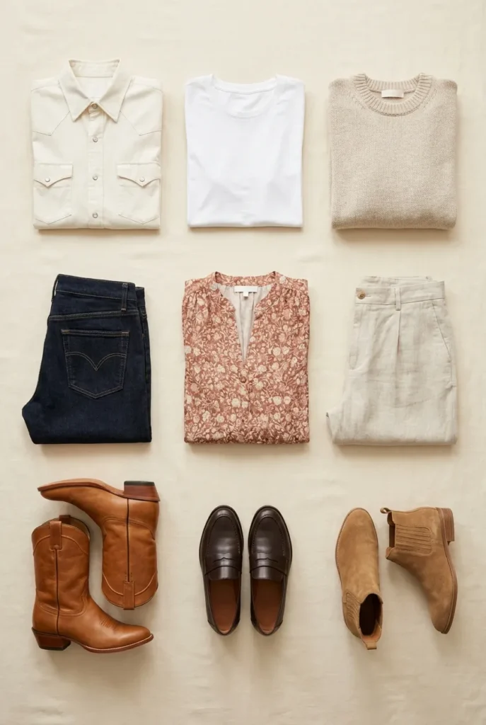 Overhead 3-3-3 western capsule grid of three tops, three bottoms, and three pairs of shoes.