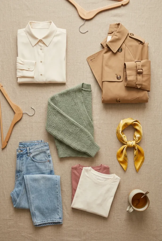 Overhead flat-lay of a neutral spring color palette wardrobe with a butter yellow accent scarf.