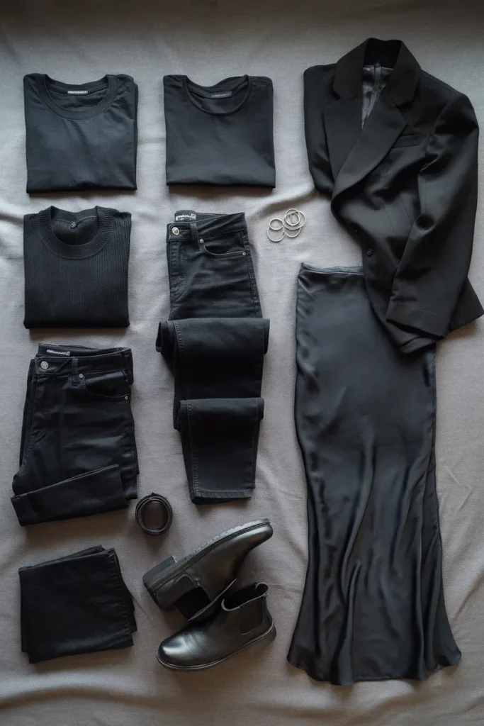 Overhead flat lay of a twelve piece goth capsule wardrobe in black and charcoal on linen.