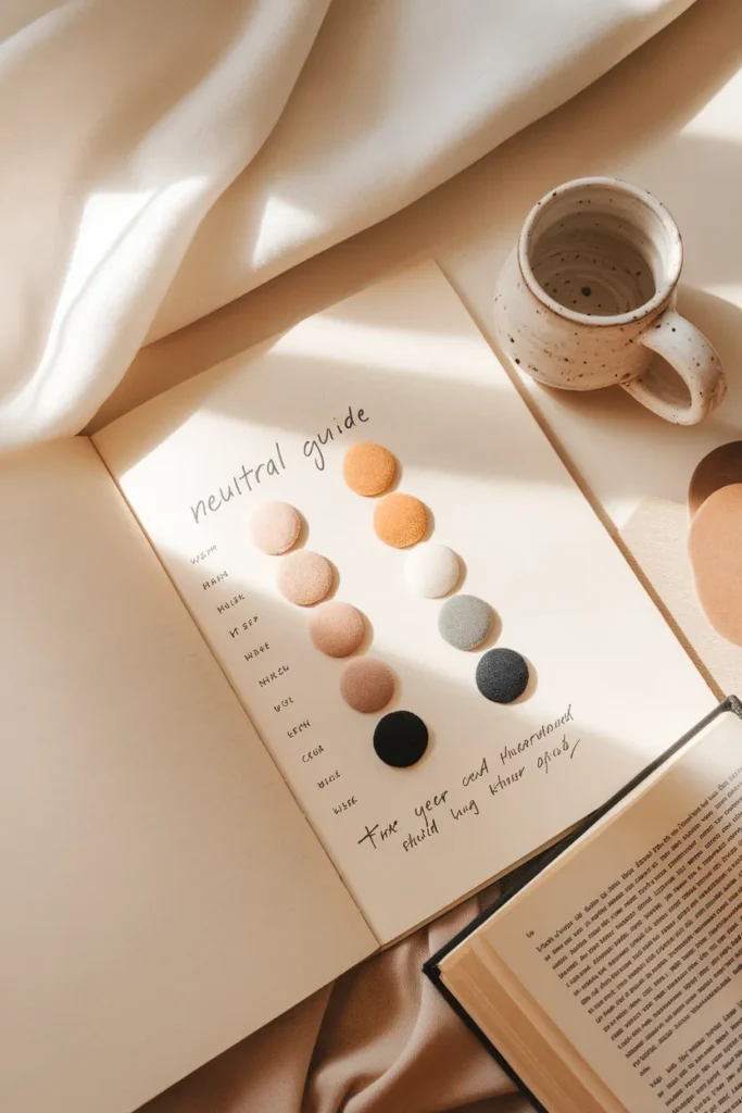 Overhead neutral color pairing guide with warm and cool swatch pairs.