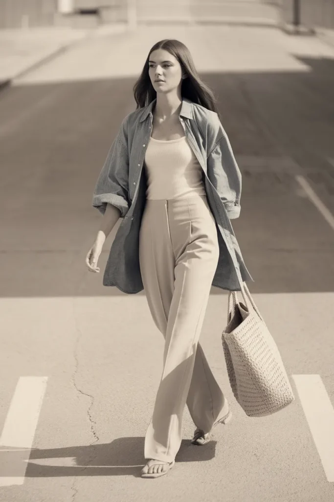 Oversized chambray shirt worn open over a cream tank and trousers as a light summer layer.