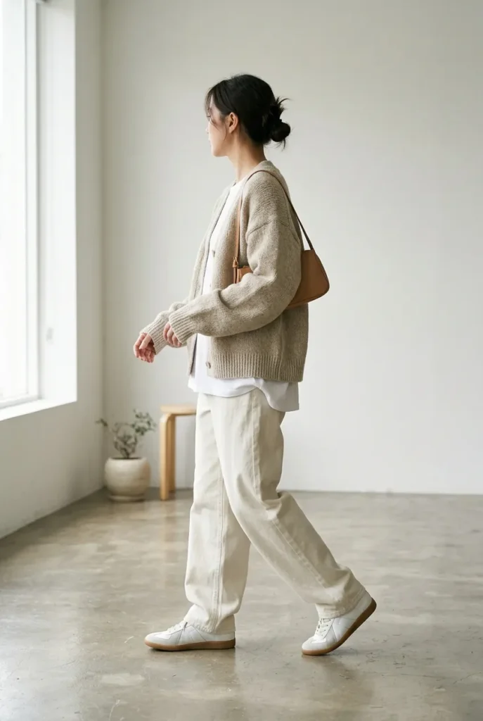 Oversized oat cardigan styled with a white tee and baggy jeans