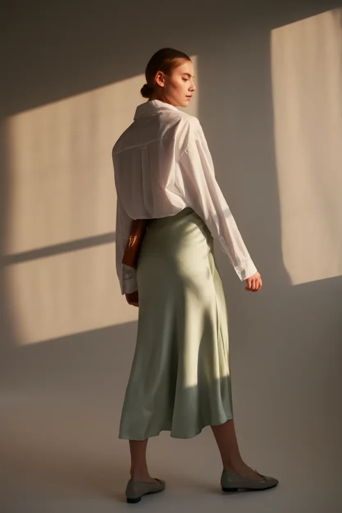Oversized white shirt tucked into a sage satin midi skirt for a dressed-up balanced look.