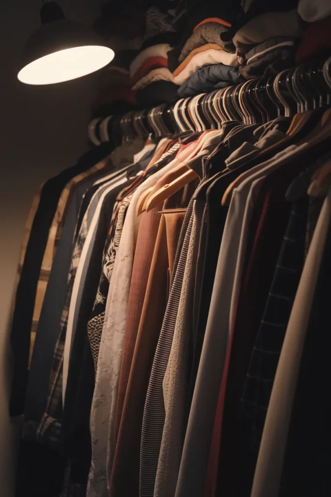 Overstuffed closet rail with one empty hanger showing why capsule wardrobe templates fail