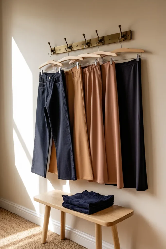Plus size capsule wardrobe bottoms on wooden hangers, dark jeans, camel wide leg trousers, ponte pants, midi skirt