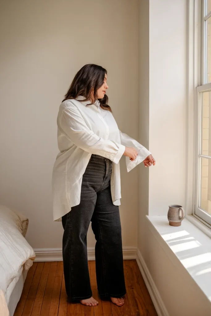Plus size woman in high rise jeans and ivory button down by window light, capsule wardrobe fit check
