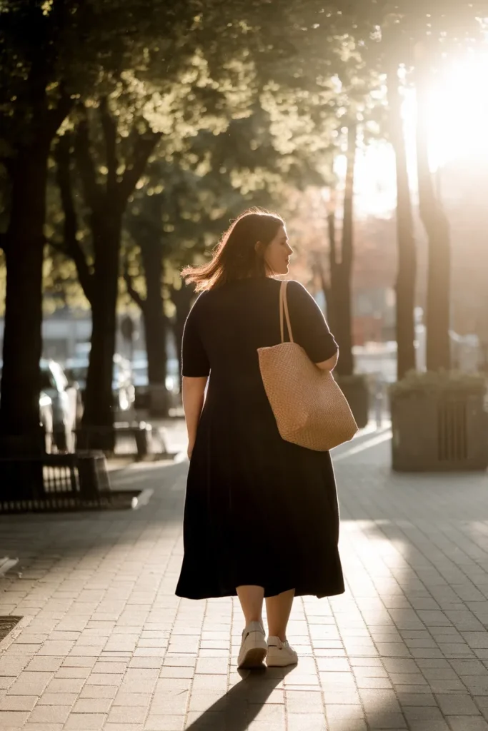 Plus size woman walking at golden hour in a navy knit midi dress and sneakers, capsule wardrobe outfit