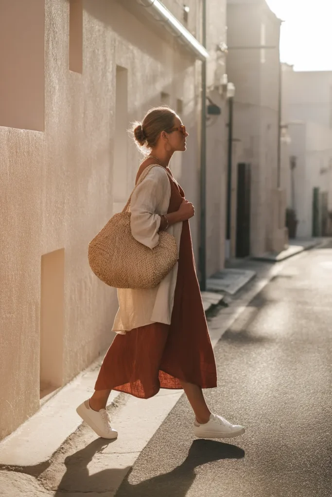 Port day cruise outfit with a sundress, sneakers, linen shirt, and woven tote in a coastal town
