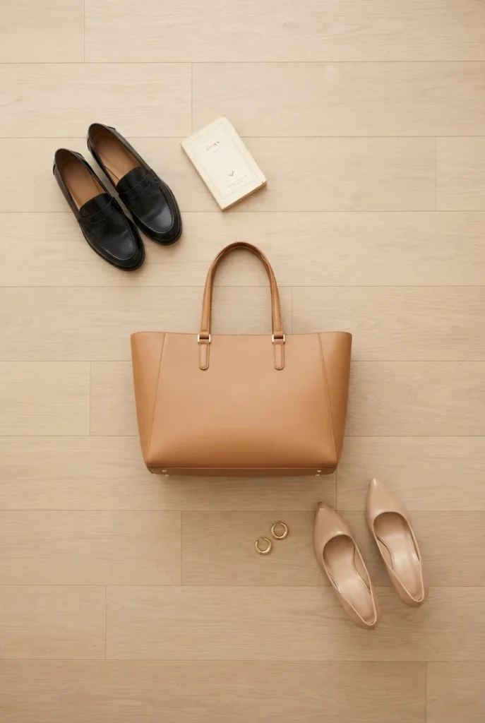 Pumps, loafers, and a camel tote completing a business professional wardrobe.