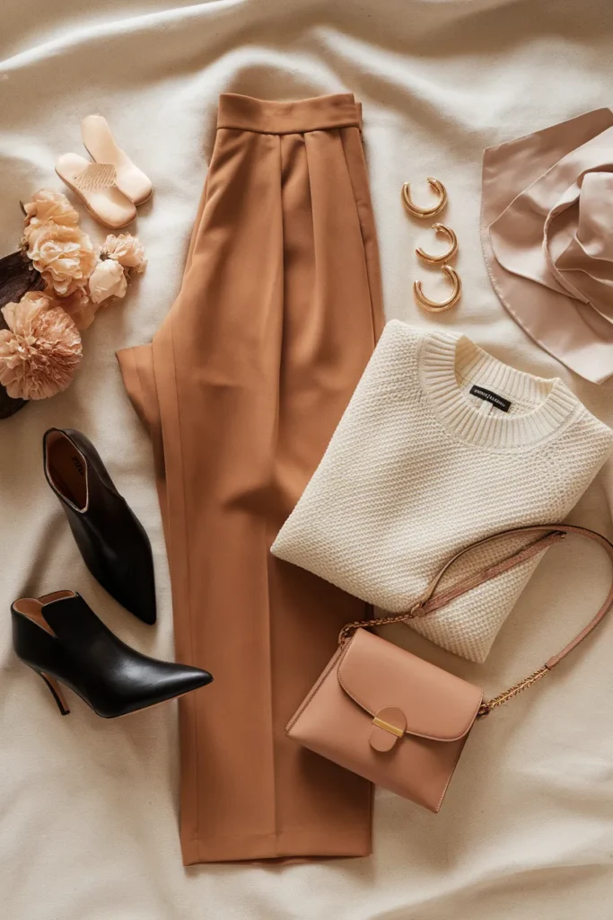 Quiet luxury capsule outfit with black ankle boots, camel trousers, and cream knit.