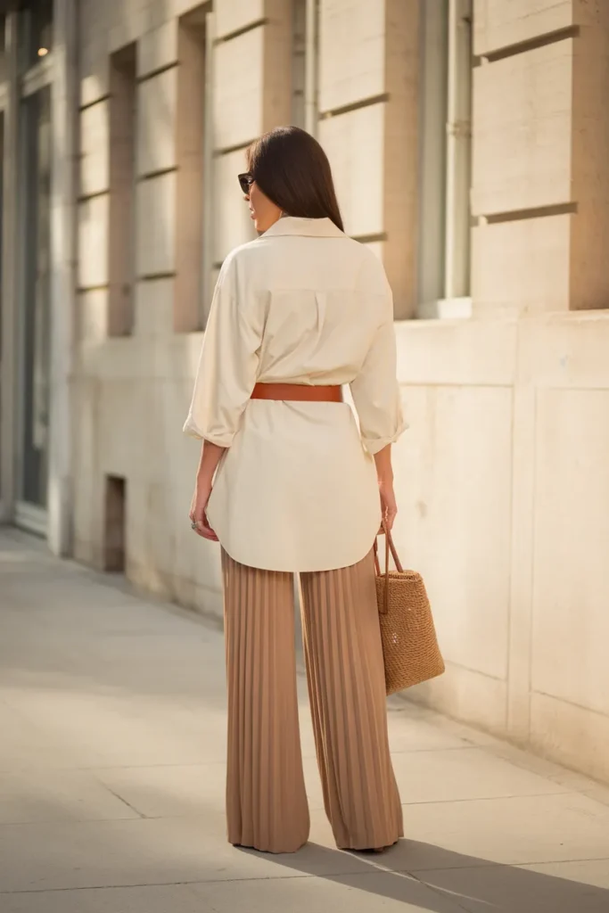 Rectangle body shape capsule outfit, cream button-down with camel pleated wide-leg trousers and belt