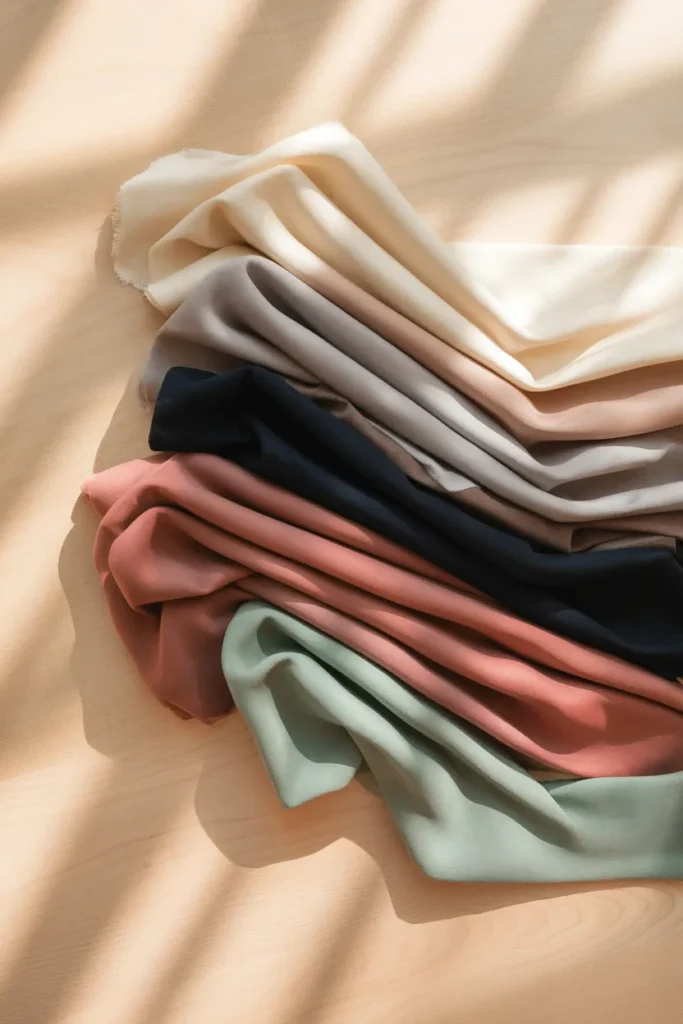 Romantic capsule wardrobe color palette in cream, taupe, soft black, espresso, terracotta, and sage