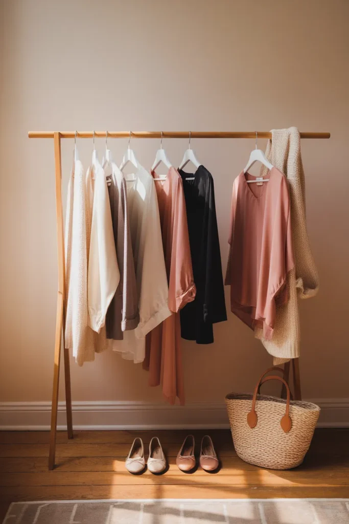 Romantic capsule wardrobe on a wooden rail in cream, oat, taupe, and dusty terracotta