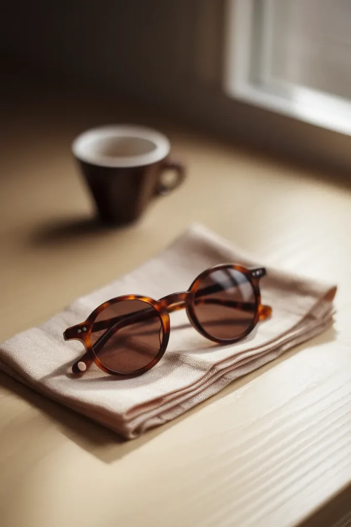 Round tortoiseshell capsule wardrobe sunglasses resting on oat linen in warm side light