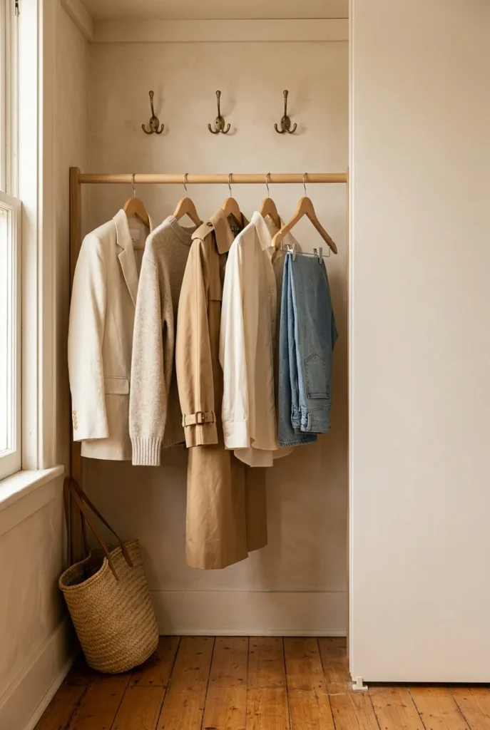 Row of cream, oatmeal, and camel spring neutral base pieces on wooden hangers in soft window light.