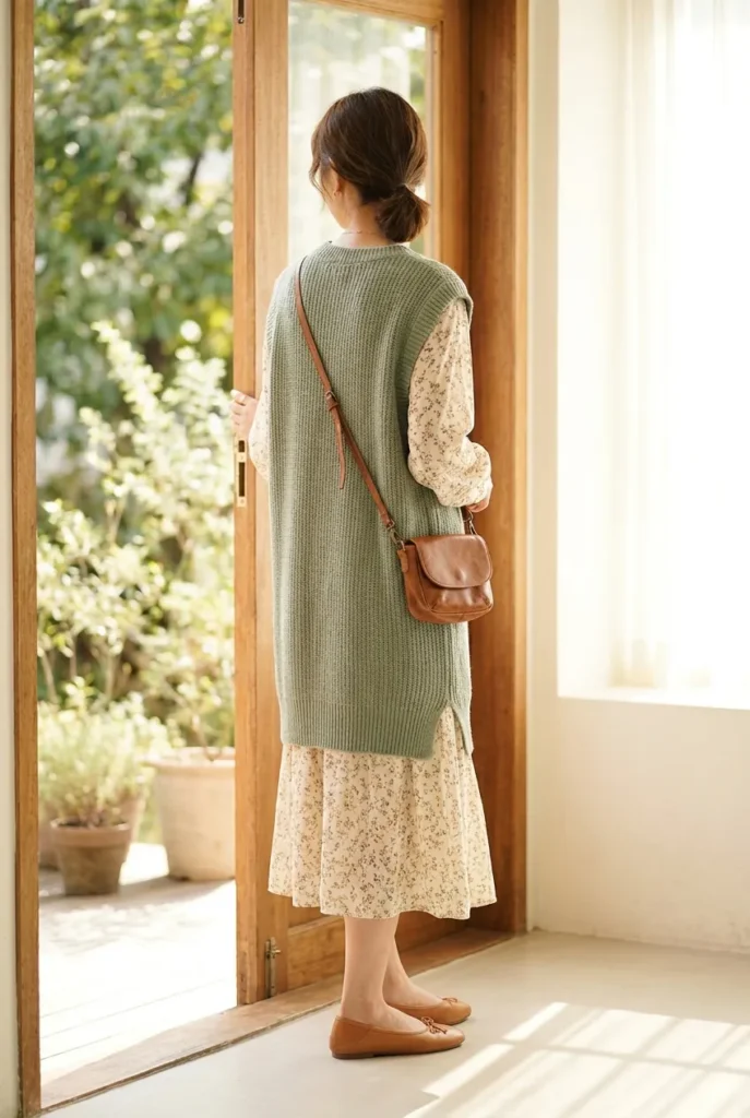 Sage green longline sweater vest layered over a cream floral midi dress