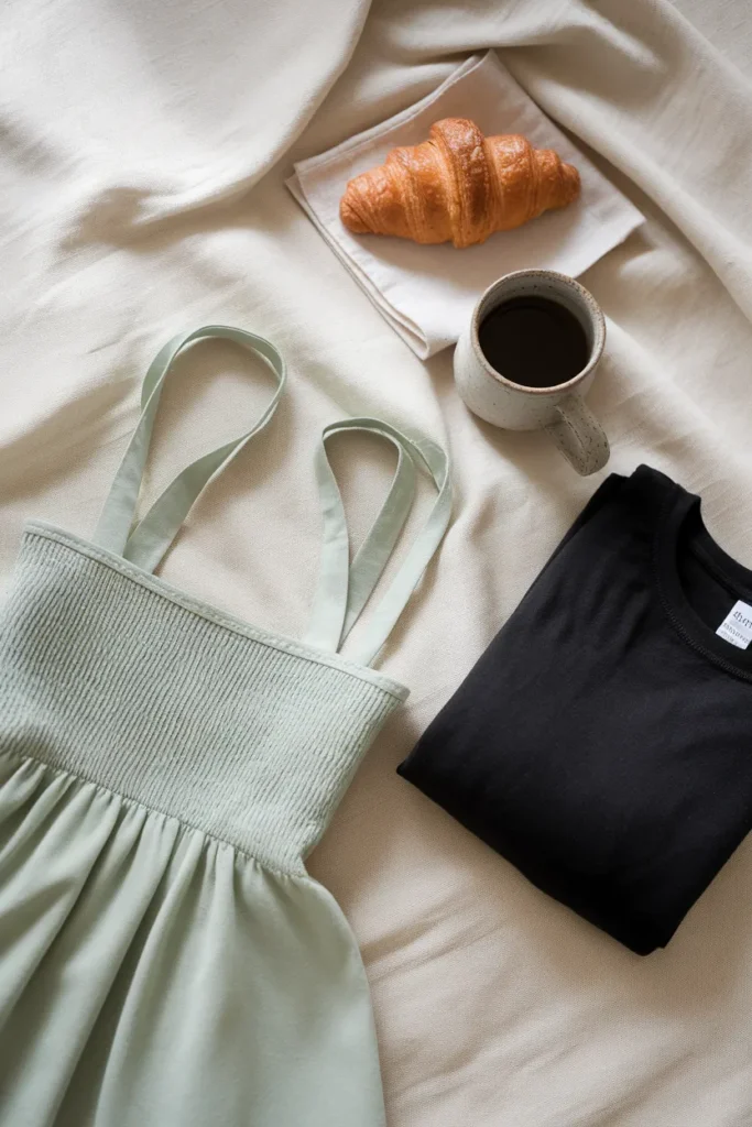 Sage smocked sundress and black t-shirt dress flat lay, casual capsule wardrobe dresses