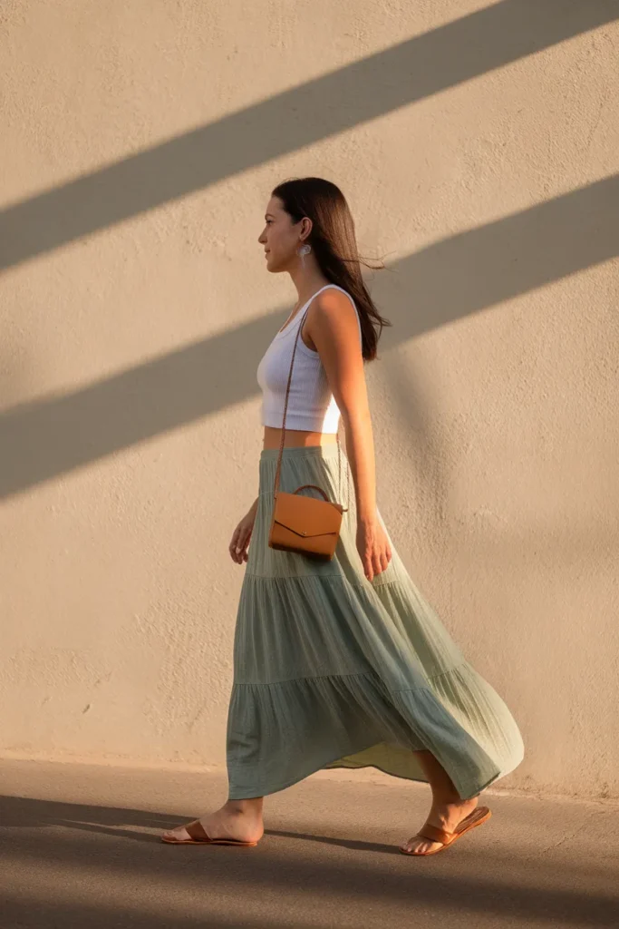 Sage tiered maxi skirt and white tank, a boho capsule wardrobe outfit in golden afternoon light