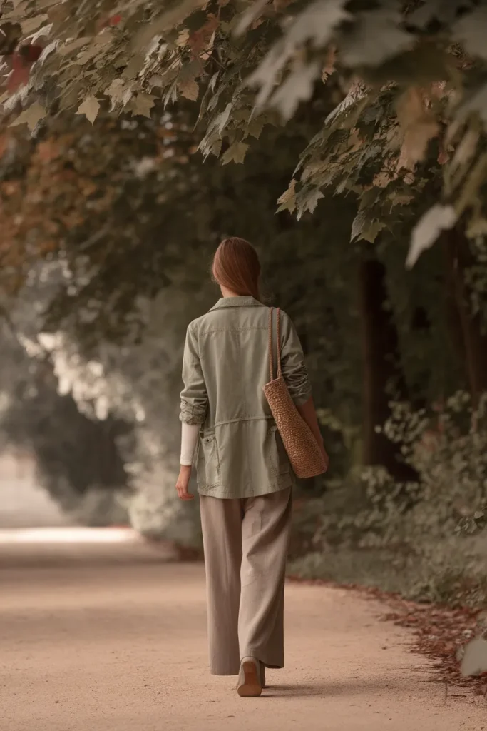 Sage utility field jacket and wide-leg trousers on a tree-lined path in diffused light