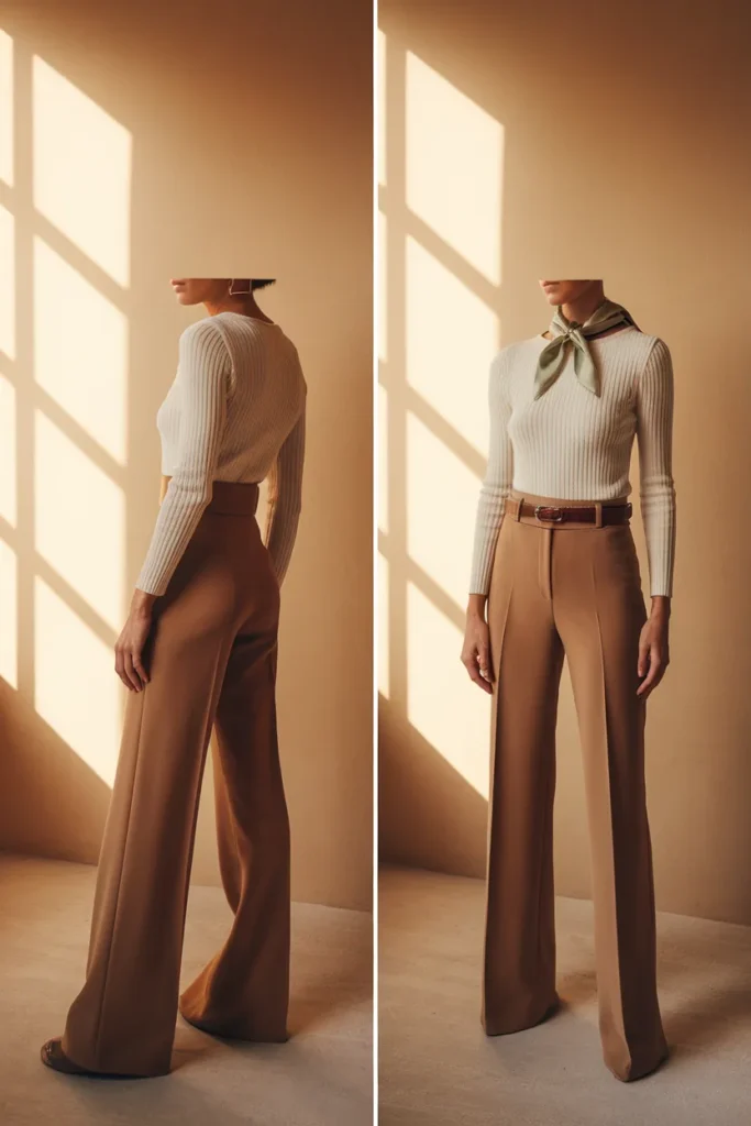 Same neutral capsule outfit shown without accessories and with a belt and scarf added