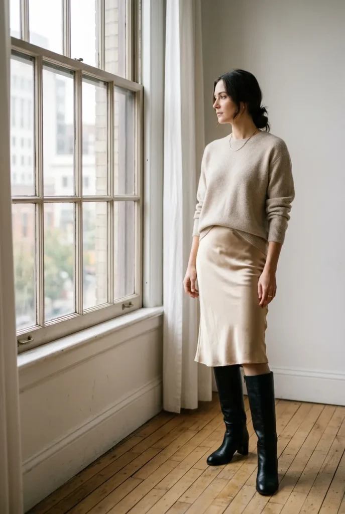 Satin slip midi skirt with an oat sweater and black knee-high boots showing a small leg gap.