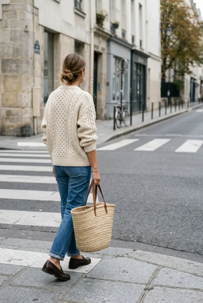 Scandinavian outfit formula with cream knit straight jeans and loafers