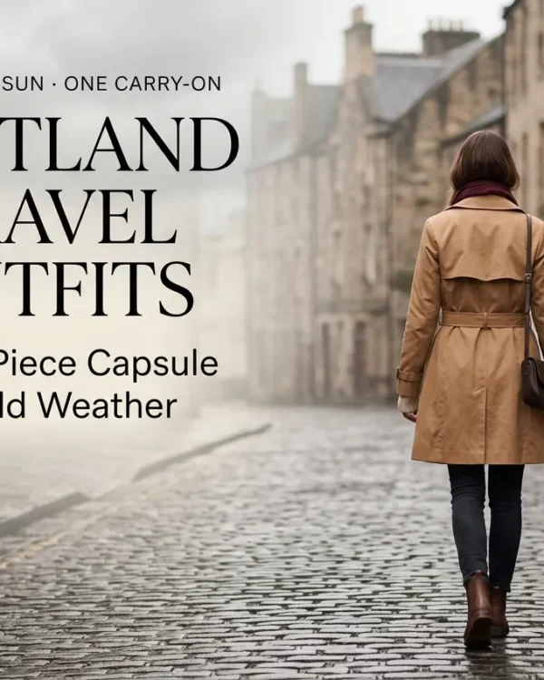 Scotland travel outfit capsule with camel trench and boots on a misty Edinburgh street