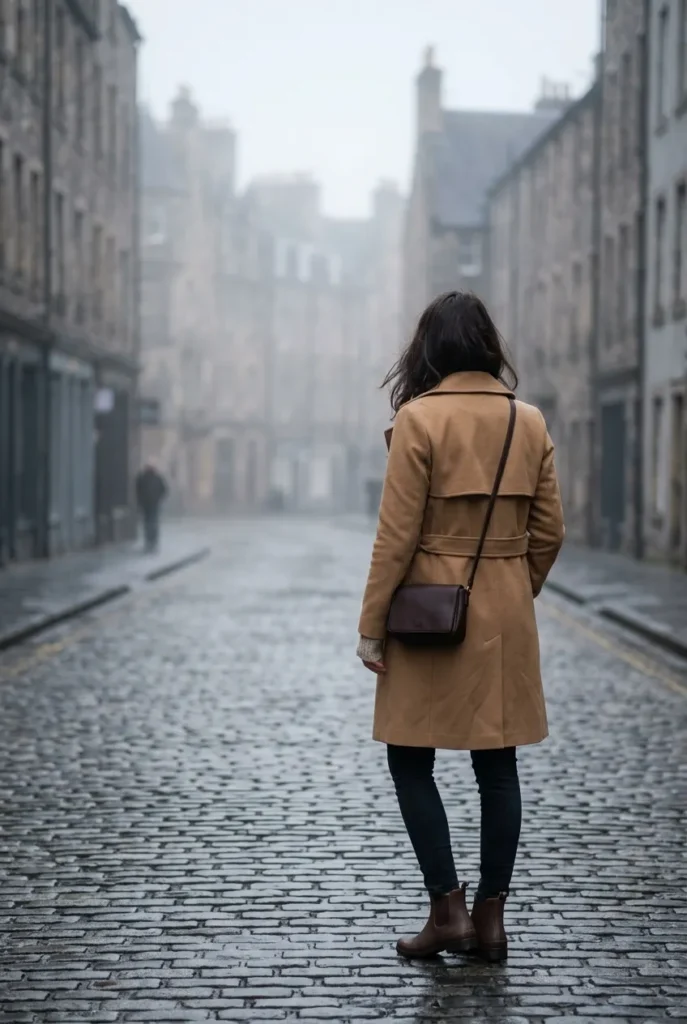 Scotland travel outfit with camel trench and boots on an Edinburgh street