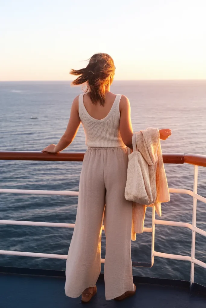 Sea day cruise outfit with linen pants and a knit tank at the ship railing