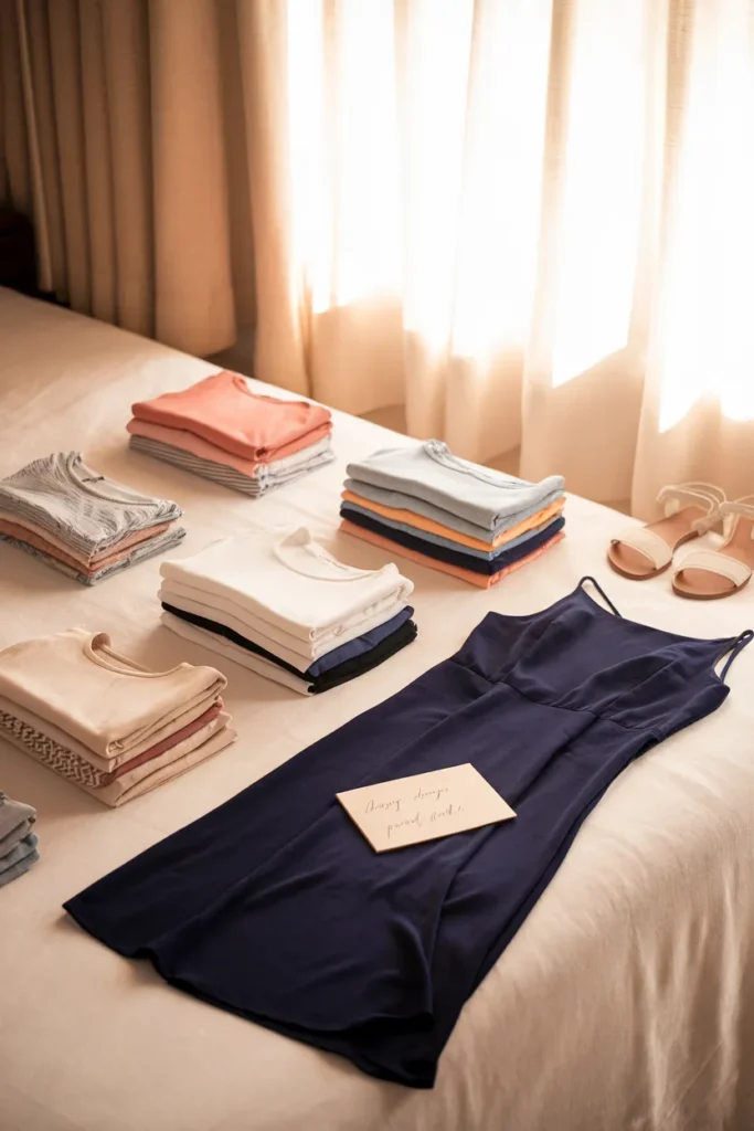 Seven days of cruise outfits planned from one 7 day cruise capsule wardrobe on a linen bed