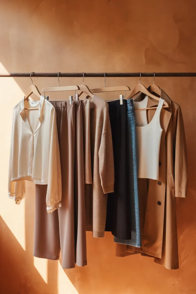 Seven neutral capsule wardrobe basics on wooden hangers in cream, taupe, oat, and camel