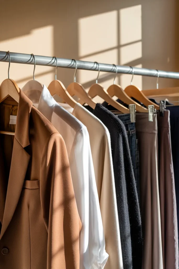 Seven neutral capsule wardrobe pieces on wooden hangers showing a mix and match template