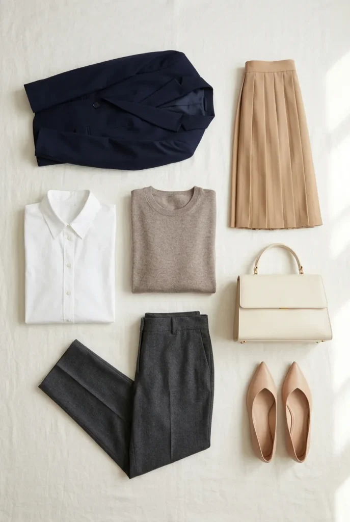 Seven-piece capsule wardrobe for a job interview outfit laid out on ivory