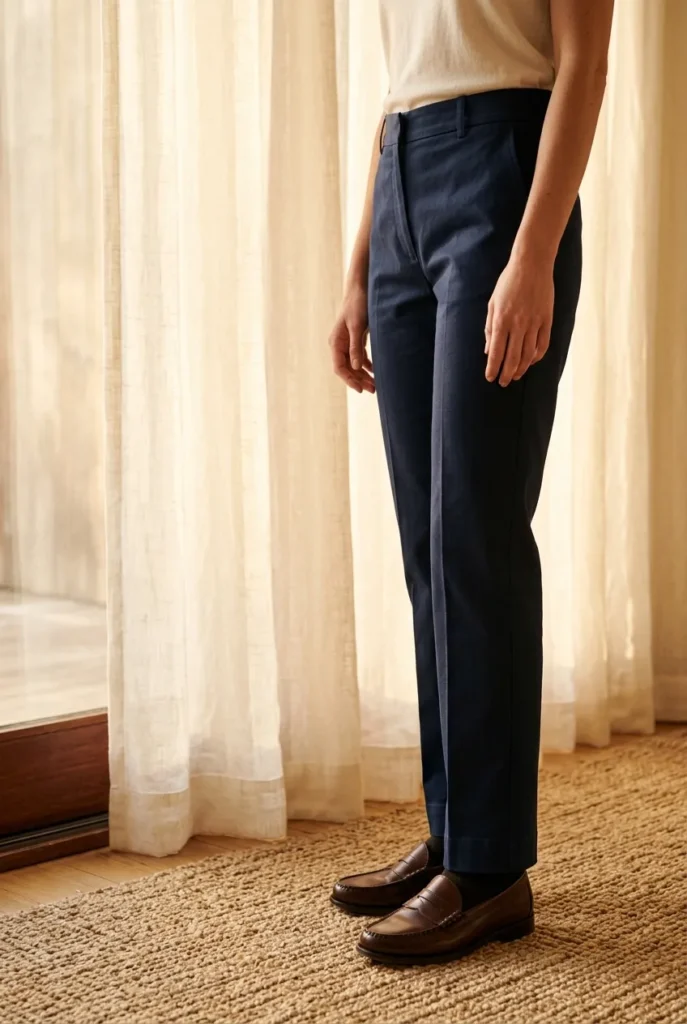 Side view of well-fitted straight-leg trousers with a clean hem over loafers
