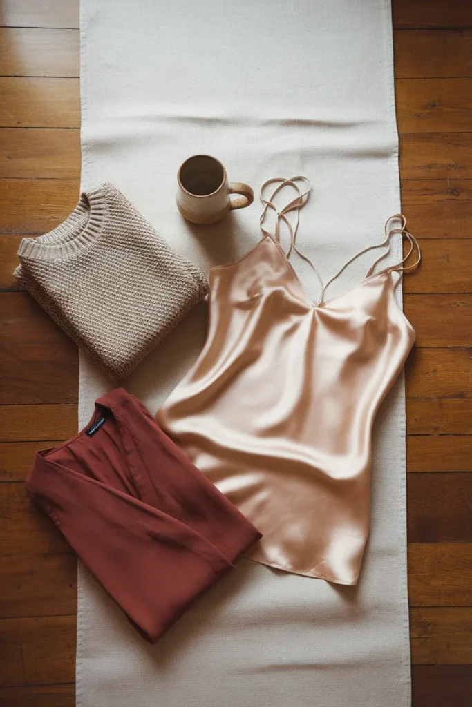 Silk camisole, fine-gauge knit, and terracotta blouse flat lay for a neutral capsule wardrobe
