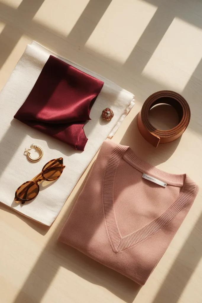 Silk scarf, brooch, and loafers flat lay, the retro accessories that give a capsule wardrobe vintage soul