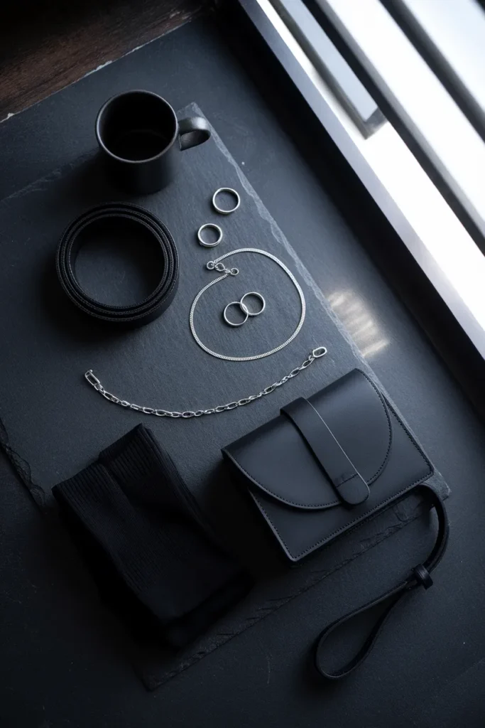Silver rings, black leather belt, opaque tights and a structured crossbody bag on slate.