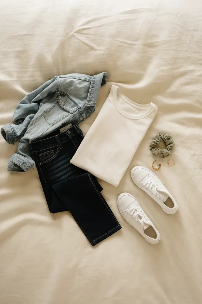 Simple teen school outfit from a capsule wardrobe white tee, jeans, denim jacket, and sneakers