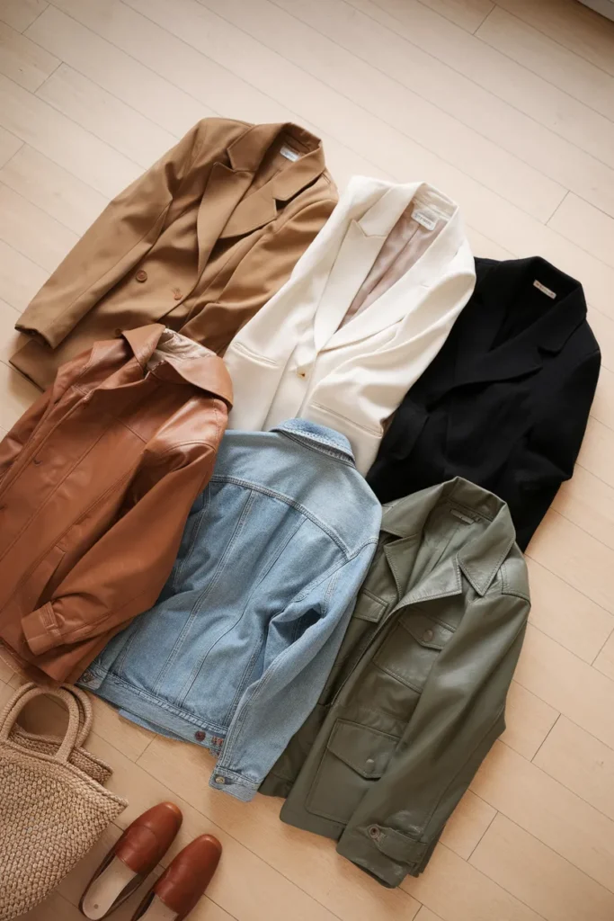 Six capsule wardrobe jackets in camel, ivory, denim, espresso, sage, and black on oak floor