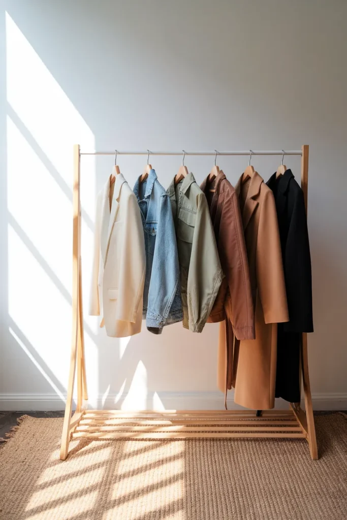 Six capsule wardrobe jackets on a wooden rail arranged from lightest to warmest layer