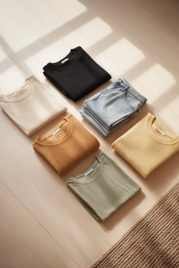 Six color capsule wardrobe palette for a teenage girl in black, cream, denim, oat, sage, and butter yellow