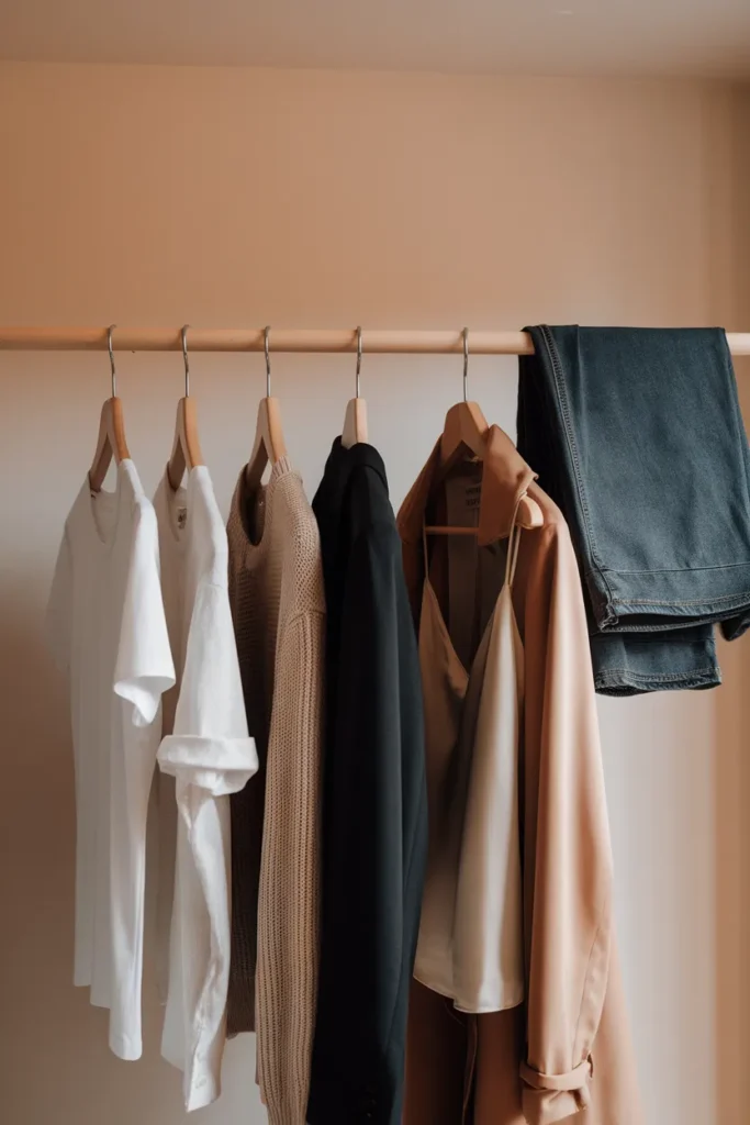 Six neutral capsule pieces on a wooden rail beside one pair of indigo baggy jeans