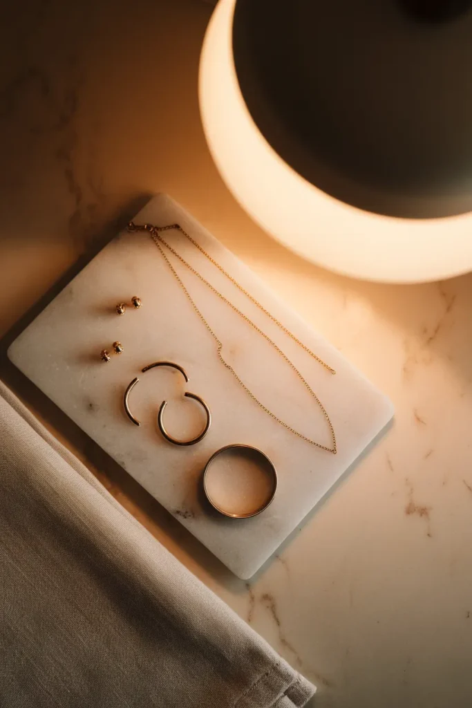 Six piece jewelry capsule of hoops, studs, necklaces, bracelet and ring on a marble tray